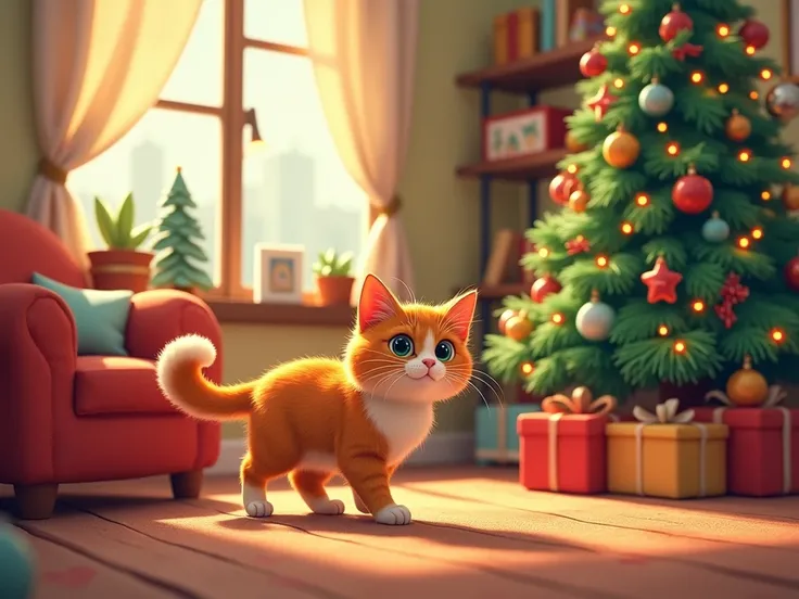 living room with chritmas tree, cartoon style and with a cat 