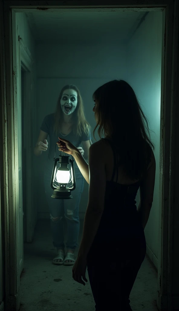 a woman with a flashlight in her hand in a dark and abandoned house, in the darkness a disfigured woman with a macabre smile and white eyes. The woman with the lantern in her hand is facing, and the macabre woman is behind her