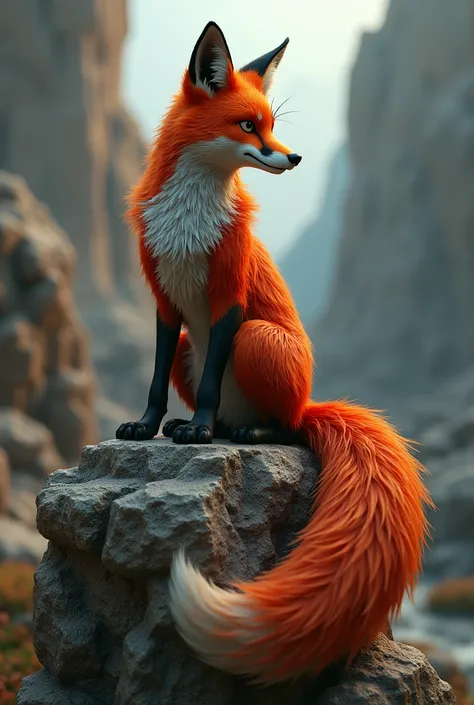 3D fantasy concept figure of a fox with a long tail, sitting on rocks sideways to the camera