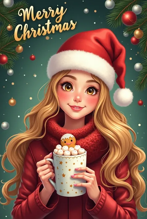  An illustration in hand-painted digital style ,  Christmas-themed and cozy .  The image shows a smiling young woman with long, wavy hair in shades of gold ,  wearing a red and white Santa Claus hat with cute fur details .  She holds a mug decorated with g...