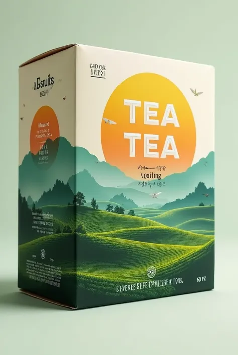 Tea box packaging design, tea estate in the label background, modern colorful label design, Flavored product