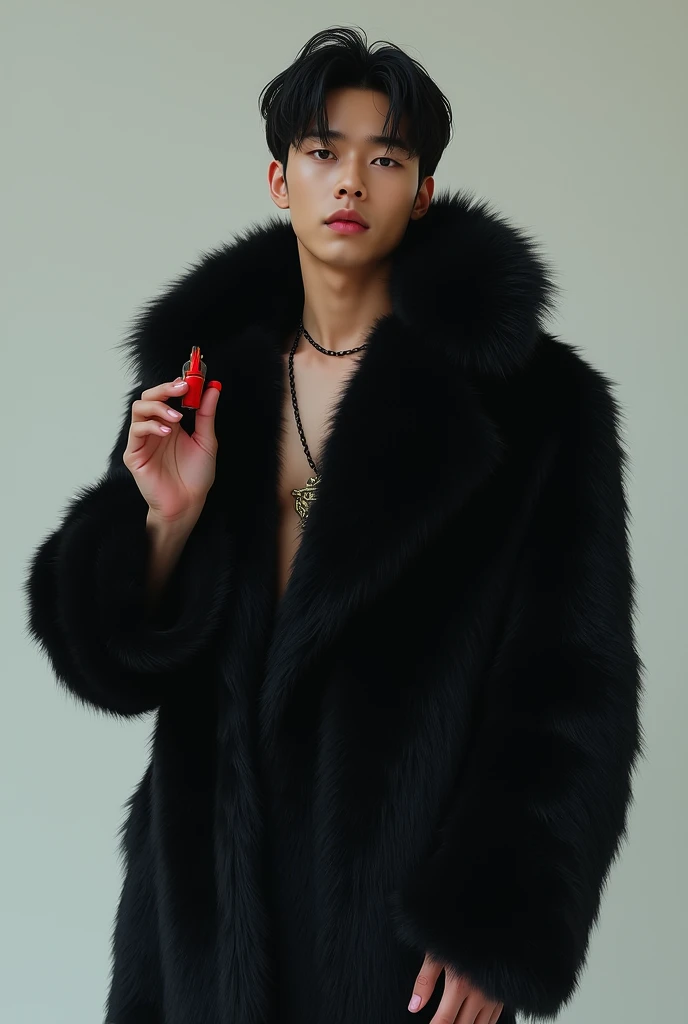 A korean boy wearing big black fur coat and have six-packs while holding fleshlight on his hand