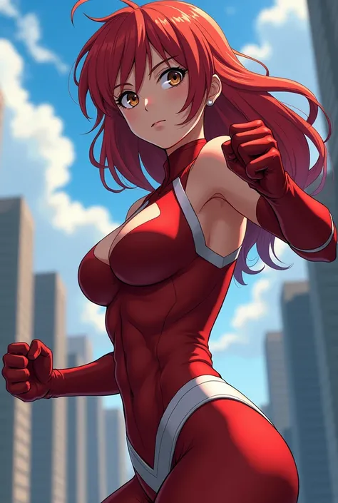  My Hero Academia Style ,   anime girl , woman, young woman ,  full body shot ,( Fighting Stance :1.3),Long Hair, Red Hair,   Brown Eyes , hero suit, Full Body Suit,  red suit with white details, perfect anatomy,  enhanced abs , super detailed,(building:1....