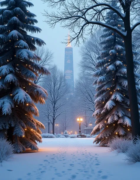 A snowy evening in December ,  trees adorned in the middle of a park in New York City