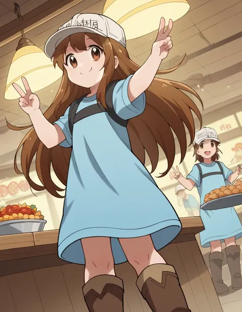 score_9, score_8_up, score_7_up,  source_Anime, platelet,  long hair, Brown Hair,  brown eyes,,  shirt,  has , Short sleeve,  boots,   white headwear, blue  shirt,  flat cap,,  restaurant , Laughter, Delicious food, Warm lighting, celebration, smile, , Mak...