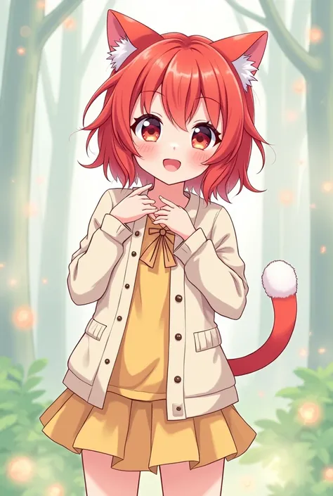 Loli anime cute girl, red cat ears, cat tail, skirt, masterpiece