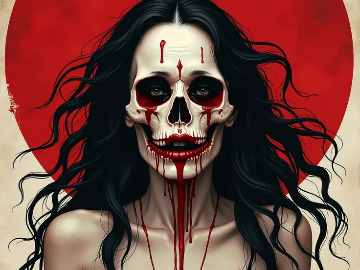  create a cover inspired by Federico Lorcas novel , Blood Wedding, with , reds,  black and white ,  that captivates the eye and attracts attention , And of an intrigue ,  it shows the bride in distress and covered in blood and behind a skull,  that the bri...