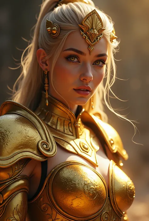  Beautiful Female Warrior , Glowing inside the eyes , Very attractive physique , Under Bright Movie Lights ,  The highly detailed depiction of the iconic gold armor is striking.  Armor Shine ， with a realistic and ultra-realistic level of detail ,  Emphasi...