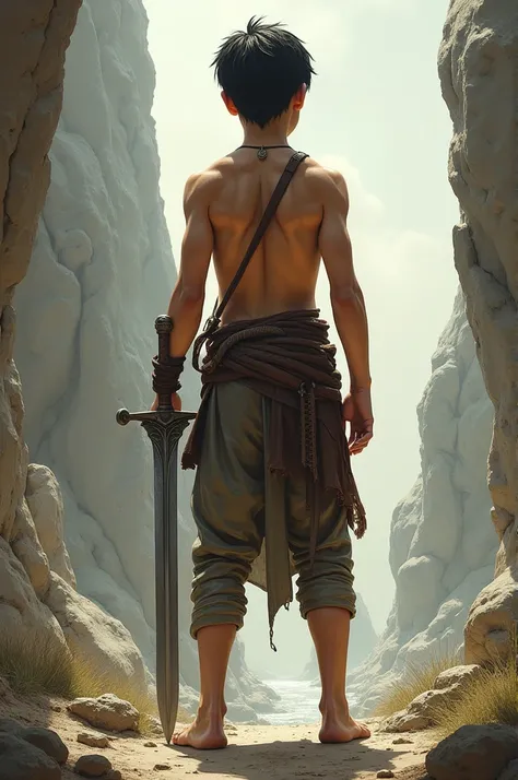 Slim and tall fair-skinned young warrior, short hair and shirtless,  holding a sword.