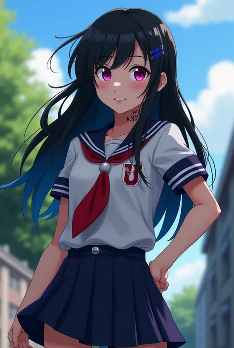  The My Hero Academia template 
A girl with long black hair with blue tips, Magenta eyes with small tattoos on the neck and the uniform of the U.A from My Hero Academia and it wasnt delicate at all, it looked rustic but cute