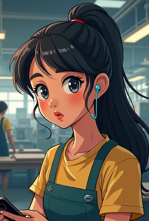  king,  long black hair and tied .  full mouth and round face .  Animation she is working in a factory ironing iron.  Underneath her hair is a hidden wireless headset . She is listening to classes on the phone .  Contrast the classes in the environment of ...