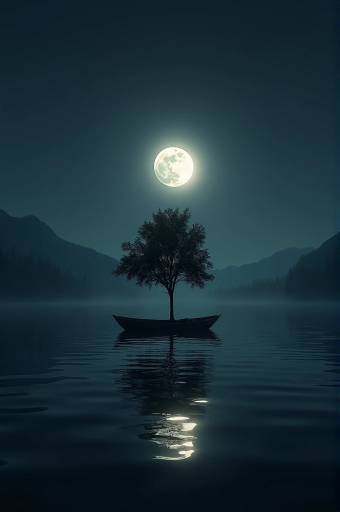 Quiet lake in the middle of the lake there is a tree and a small boat full moon appears near a realistic 4k black background