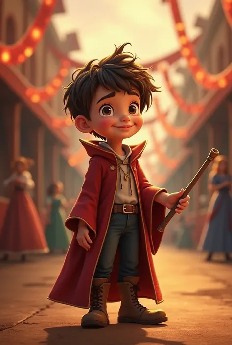  An  boy designed in the Disney-Pixy-style ,  with big eyes full of innocence and hope ,  despite his difficult situation he smiles with hope.  Her hair is slightly disheveled ,  reflecting a touch of carelessness , but with a natural charm .  He wears a w...