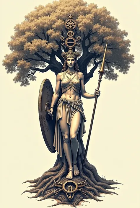 Dessin à tatouer, de la déesse Athena portant sa lance et son bouclier et son casque , devant l’arbre de vie, incorporant des rouage , engrenage, pièce mécanique. 