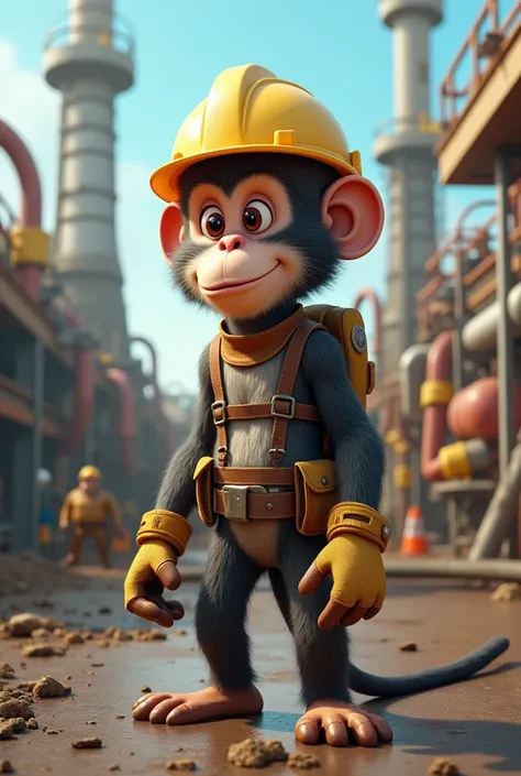 Create an animated image of a monkey using personal protective equipment working in oil and gas