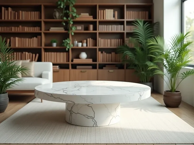 White marble table with bookshelf and plants in living room