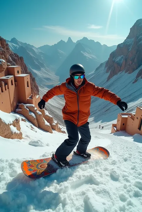  A person rides a snowboard up the mountain in Morocco. The snowboard should have a Moroccan design . Create the photo for a PowerPoint presentation 