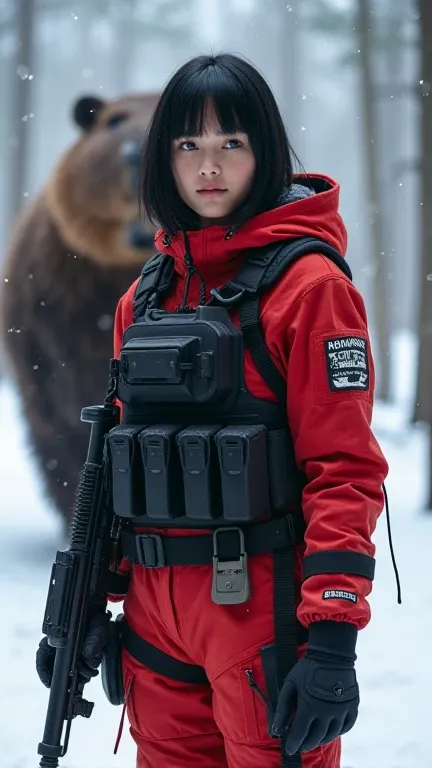 High resolution, Black-haired Canadian woman, Red eyes, Short Hairs, Red tactical suit、Bulletproof vest，Black gloves on hands, Holding A Sniper Rifle, Black survival boots，Secret base passage，Wide-angle shot，T-Shirts，Shorts，He has a transformation belt aro...