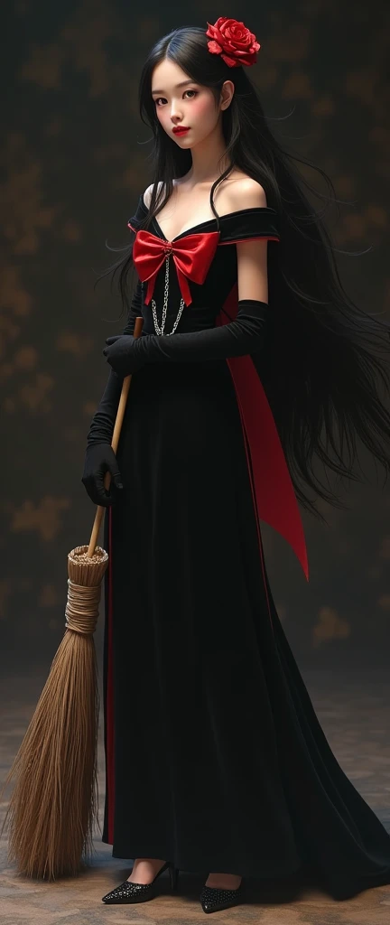 Hayao Miyazaki「Kikis Delivery Service 」The sorceress , Photo realistic style CG, Mature,  Sexy , Sweet, gentle, Strong , Strong , Confident, professional, perfect face,  Right hand placed on chest ,  in her left hand holding a flying broom ,  by the feet o...