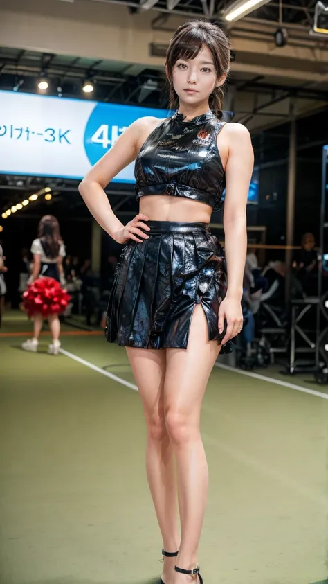 A beautiful young Japanese woman, 20 years old, with perfect anatomy, healthy thighs, beautiful feet, flawless skin, random hair color and style, large bust, (she is standing:1.2), wearing a cheerleader uniform with micro-pleated miniskirt, in a full body ...