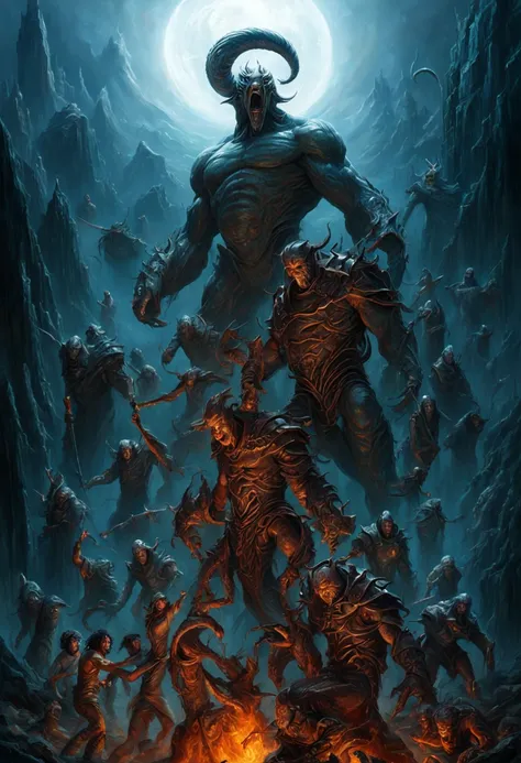 there is a statue of a man reaching for a giant monster, kyuyong eom and boris vallejo, boris villejo, hr giger muscles, peter gric and dan mumford, boris vallejo style, boris vallejo and tom bagshaw, mark brooks detailed, inspired by Boris Vallejo, sylvai...