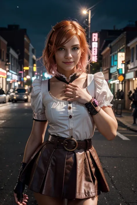 1 girl,cowboy shot, Beautiful daughter-in-law _Valkyrie,  looking at the viewer , smile,  short hair,Heart cutout, gloves,  jacket, pink skirt, pink belt, short sleeves,  puffy sleeves , simple bracelet, fingerless gloves, orange hair, pink gloves, dynamic...