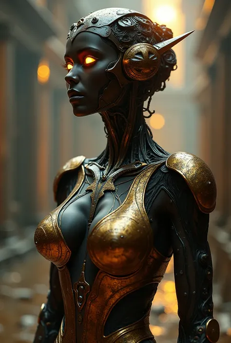 The goddess, Fortuna, glowing eyes, head to breast, legionnaire cybernetics. High Resolution, Masterpiece, Award Winning, Best Quality, High Details, High Quality, UHD, Optical Illusion, Impressionism, Art Deco, Cinematic, Cinematography, Futurism, Hyperre...