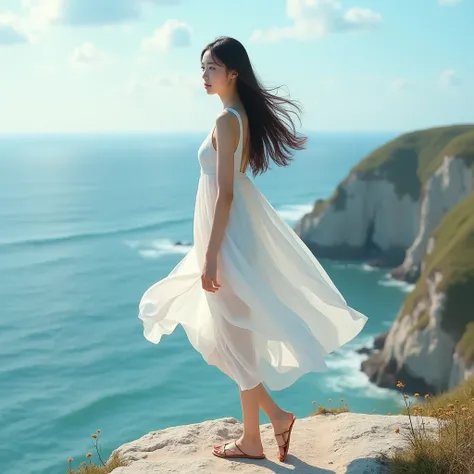 nsfw,(Top Quality, Masterpiece: 1.2), Photorealistic、Lightweight dress、Sandals、 long haired Korean beauty 20 years old,On a seaside cliff 、{ back view}