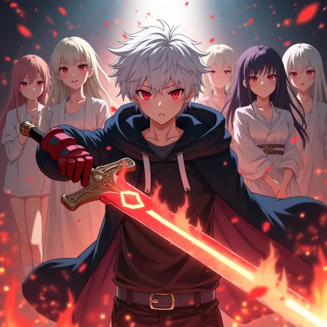 Anime teenage boy, white hair, thick black hoodie, red and black gloves, wields a giant sword, red eyes, flame powers, harem