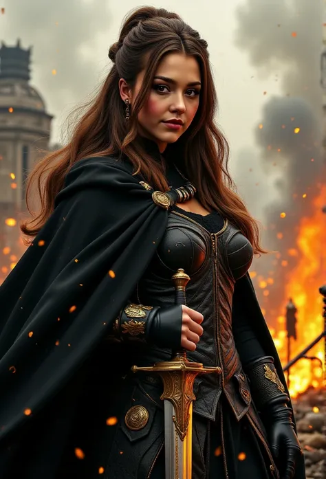 Gorgeous medieval warrior Princess, darkness, sparks, sword, fire, greatest detail, battle in background 