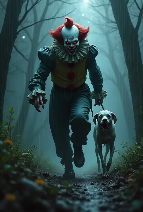 A highly realistic close-up of a creepy, menacing clown running confidently through a dark forest. It has frightening, predatory features: jagged teeth, claw-like hooves. Its glowing red eyes pierce the gloomy atmosphere. Alongside the creepy, red-eyed, ha...