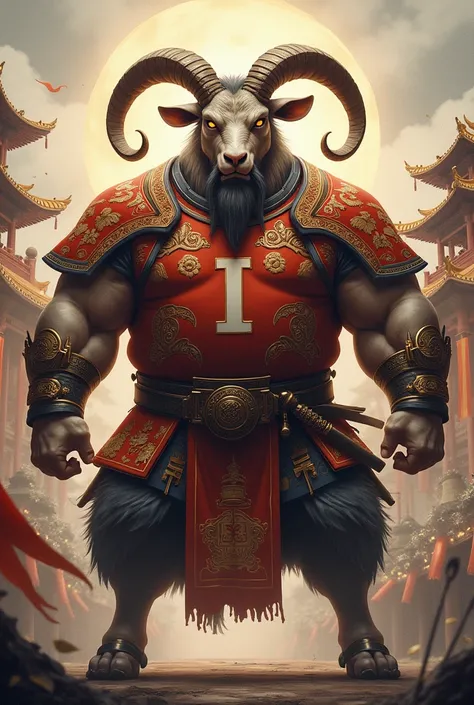 A burly male goat wearing a chinese war suit has the letter i
