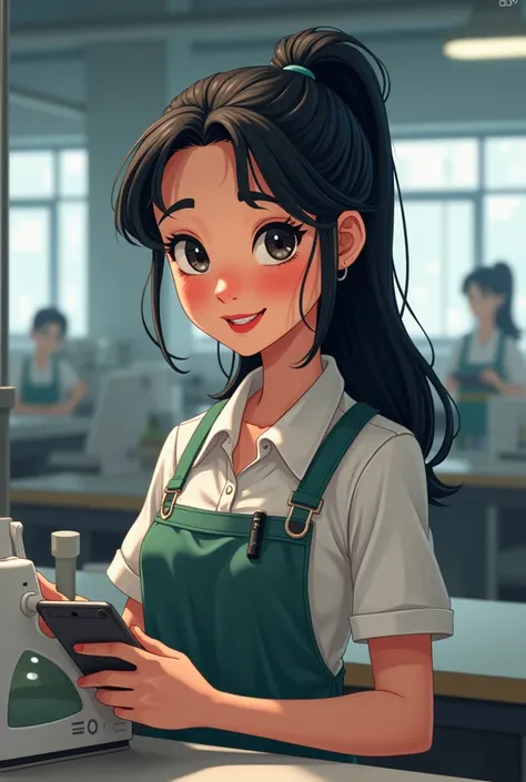  king,  long black hair and tied .  full mouth and round face .  Animation she is working in a factory ironing iron.  Underneath her hair is a hidden wireless headset . She is listening to classes on the phone . Contrast the classes with the environment of...