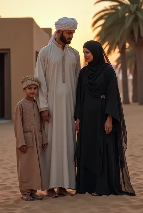 Make the girl wear a hijab, the boy wears a hat, the mother wears a black robe and veil, the father wears a white robe with a turban. In the background of the house is a sandy area with palm trees at dusk.