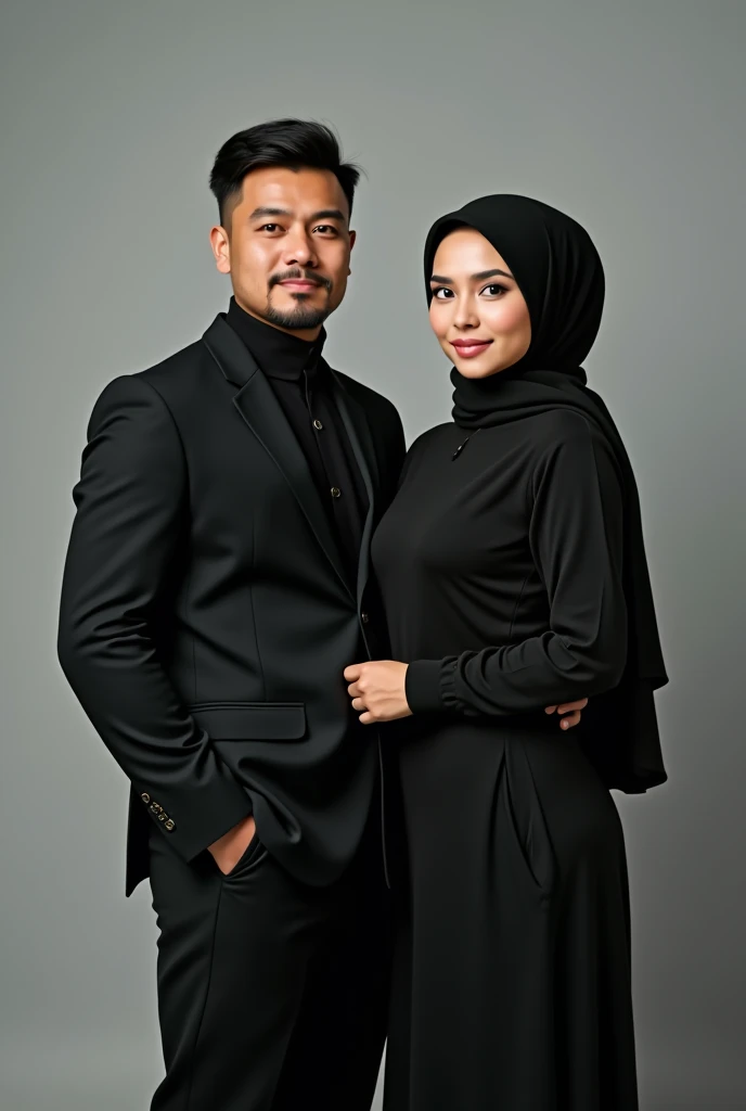 In the studio photo you can see a young husband aged 35 years, neat black clothes, a young wife wearing a black hijab, big breasts, black. Original photo, realistic.



