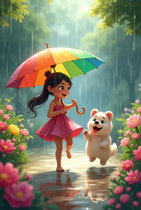 Esha and Mochi*: twirling, dancing in raindrops
2. *Esha*: spinning umbrella, smiling
3. *Mochi*: trying to catch raindrops, tongue out
4. *Background*: rainy day, palace gardens, colorful flowers