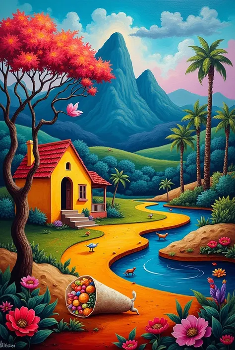 A colorful abstract expressionist Picasso style art painting 
Mountains and palm trees , in the foreground a country house like in the Dominican Republic,   with a flambollan tree  ,parrot dogs ,  cigua palm trees a burrito and a stream  