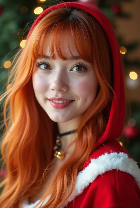 A festive close-up of a young woman with long, flowing orange-red hair styled with bangs. She wears a vibrant red Santa-inspired outfit with white fur trim, a hood, and a small gold bell choker. Her soft makeup highlights her rosy cheeks and glowing comple...