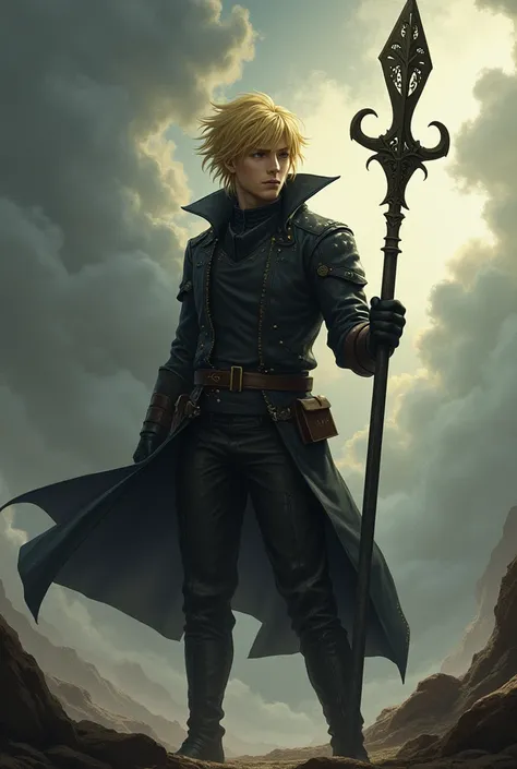 Jaune Arc from RWBY wearing a studded leather coat with an ancient black staff covered in runes.