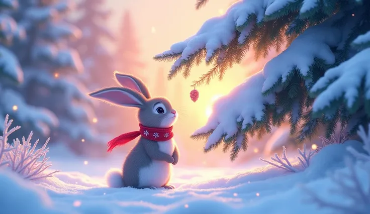  image for a cartoon story of Disney-style YouTube videos: format Pirax. character:  A fluffy rabbit with fur ,  with the iridescent colors of winter dawn  (pink, blue,  lilac ), With the Good,  shining eyes .  He has a red snowflake-patterned scarf around...