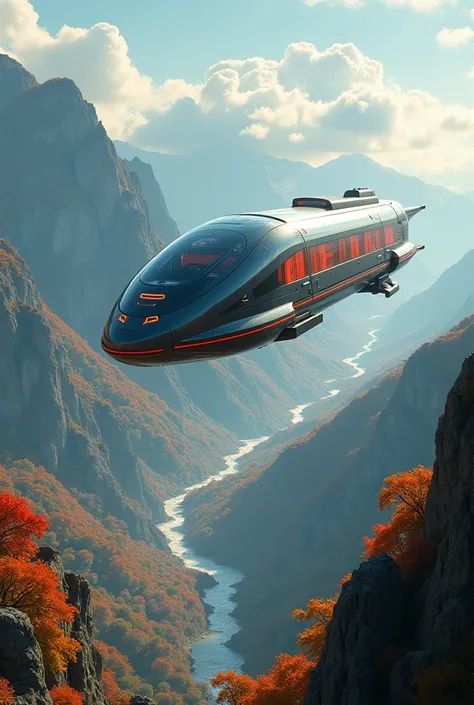 Crée une publicité d’innovation d’un train du futur volant
