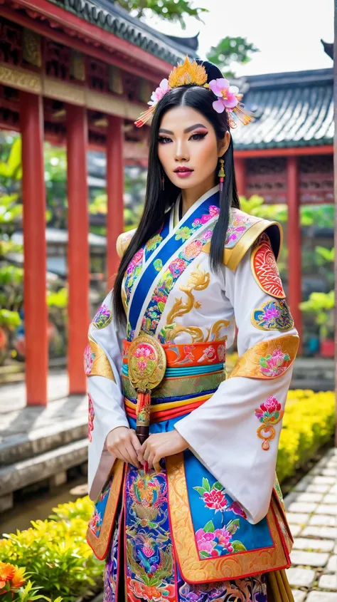 Portrait of a 25-year-old Thai-Japanese female model, smooth white skin, using high-end cosmetics, cosplaying as a legendary female warrior, colorful brocade embroidered costume, temple courtyard setting with colorful flower garden