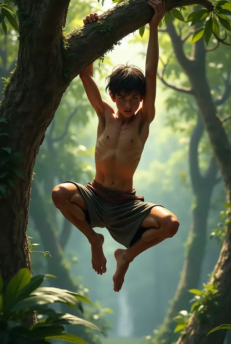 Skinny young warrior, short hair and shirtless, hanging from a tree branch 