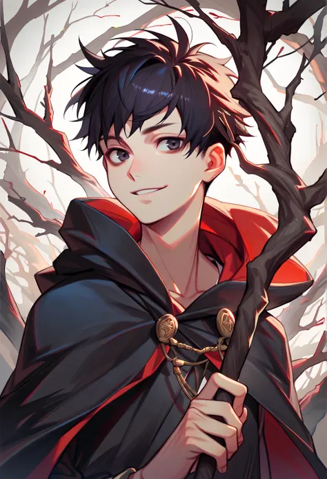 Single,  unique ,  A male,  black hair,  Messy Short Hair,  black eyes, teenager, thin, Necromancer, black magic robe, Branches Staff , Smile,  pale skin , Vision, Lots of skulls beside him