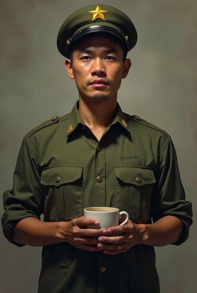  Portrait of a Vietnamese lake outfit wearing a soldiers shirt wearing a gold star mortar hat, standing holding a coffee cup 
