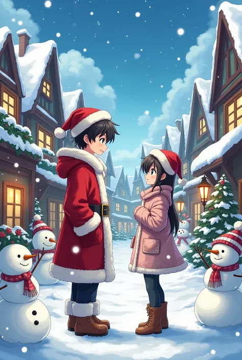 One male anime and one teen female anime , dress up Christmas , outside the house of the snowman City there are snowmen  