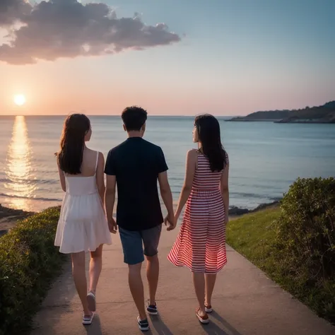 View from behind. Young Asian couple walking and talking by the sea after sun set. And a beautiful light house red and white stripe.