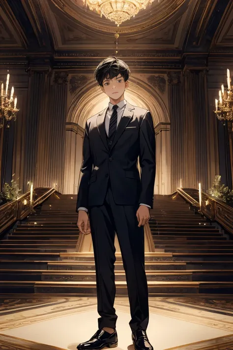 ((Best quality)), ((masterpiece)), (detailed), ((perfect face)), 10 old boy, short boy, black hair, 150 cm tall, standing alone on an awards ceremony stage, full body, spotlight, Wear a suit, Holding a golden trophy, (distant view:1.5)