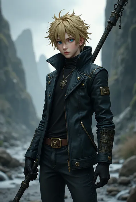 Jaune Arc from RWBY wearing a studded leather jacket with an ancient black walking staff covered in runes.