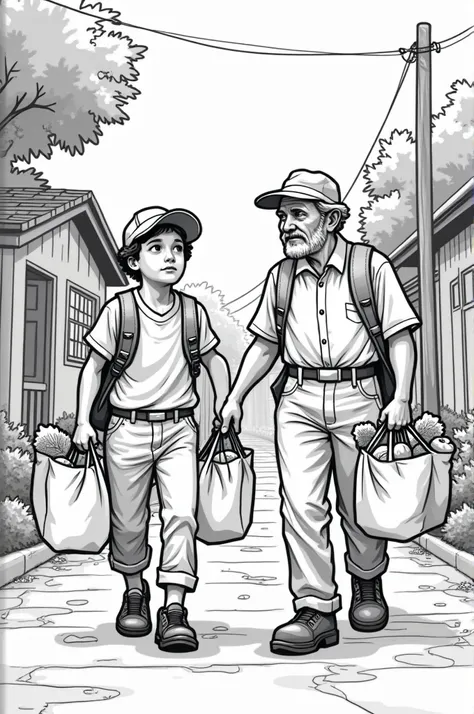 Create a coloring page of a sturdy boy helping to carry groceries to an old man